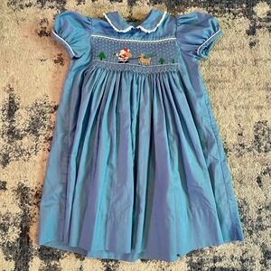 Vintage Girls Blue Smocked Christmas Dress Santa Reindeer Holiday Outfit